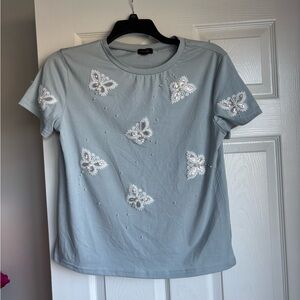 Embellished Pale Blue Short Sleeve Tee with Butterfly Appliqués